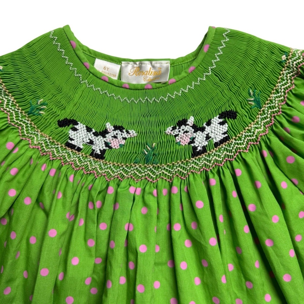 Rosalina Collection Kids Green Pink Polka Dot Smocked Cow Dress 6Y Easter Church - Picture 4 of 6